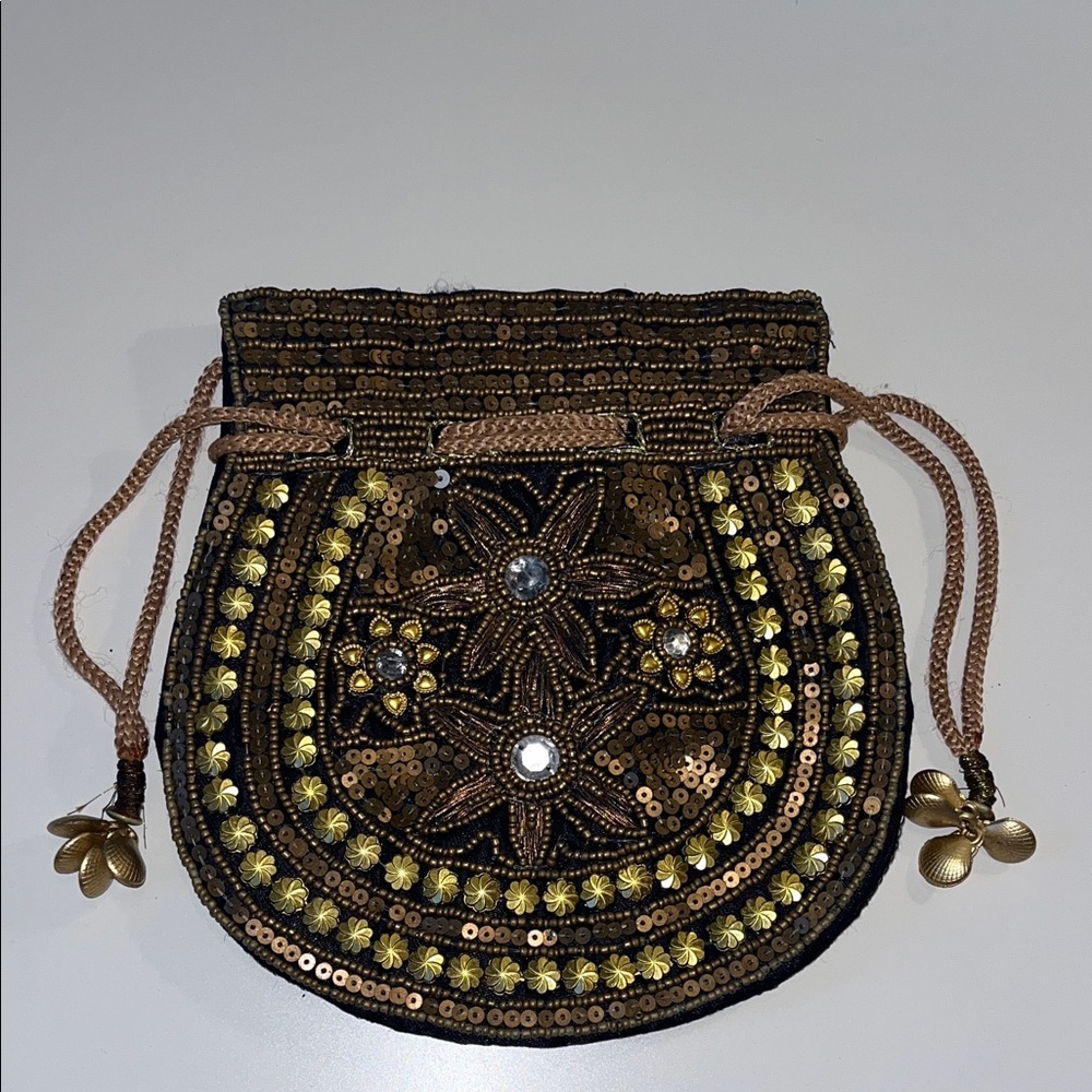 Embellished Black and Gold Women's Potli Bag/Drawstring Purse